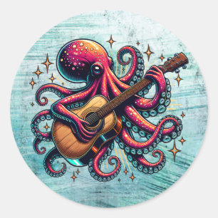 Grappige Cartoon Octopus Spelen Gitaar Ronde Sticker