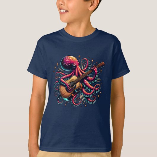 Grappige Cartoon Octopus Spelen Gitaar T-shirt (Voorkant)