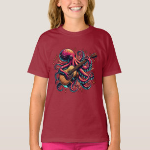 Grappige Cartoon Octopus Spelen Gitaar T-shirt