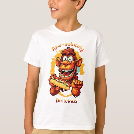 Grappige Cartoon Ontwerp Aap Eten van een Hot Dog T-shirt (Voorkant)