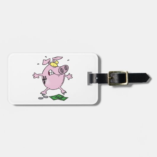 Grappige Cartoon Piggy Bank verliest geld Bagagelabel (Voorkant horizontaal)