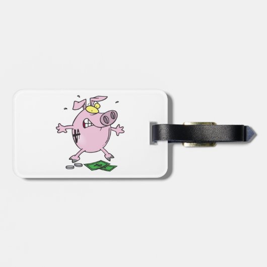Grappige Cartoon Piggy Bank verliest geld Bagagelabel (Achterkant horizontaal)