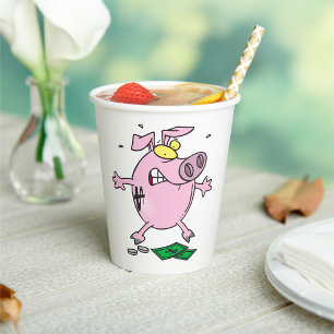 Grappige Cartoon Piggy Bank verliest geld Papieren Bekers