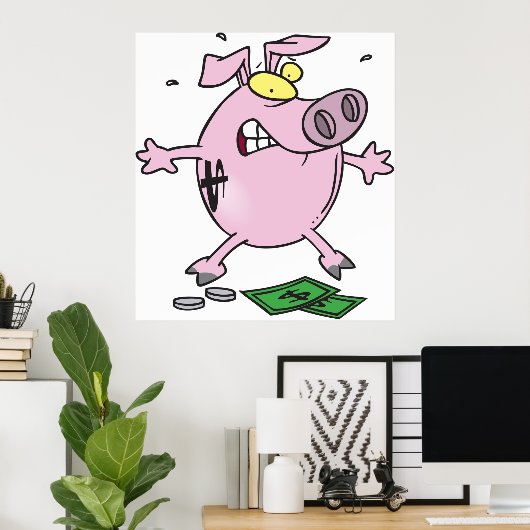 Grappige Cartoon Piggy Bank verliest geld Poster (Thuiskantoor)