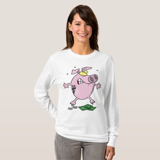 Grappige Cartoon Piggy Bank verliest geld T-shirt (Voorkant volledig)