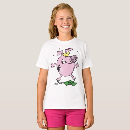 Grappige Cartoon Piggy Bank verliest geld T-shirt (Voorkant volledig)