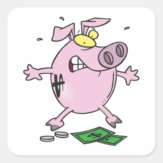 Grappige Cartoon Piggy Bank verliest geld Vierkante Sticker (Voorkant)