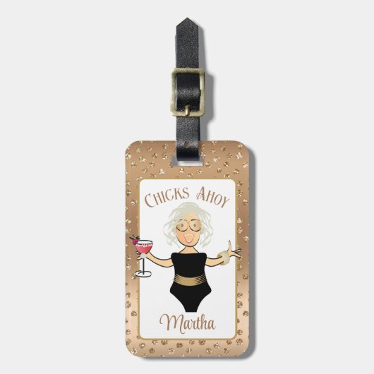 Grappige Cartoon Rijpere Vrouw Cruise Strand Tropi Bagagelabel (Voorkant verticaal)