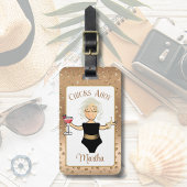 Grappige Cartoon Rijpere Vrouw Cruise Strand Tropi Bagagelabel