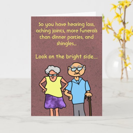 Grappige Cartoon Senioren Korting Ouderdom Verjaar Kaart (Gele Bloem)