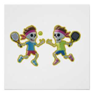 Grappige Cartoon Skeletten die Padel Tennis Spelen Perfect Poster