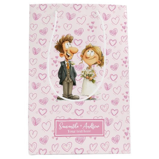 Grappige Cartoon Trouwcadeau Tas Bruid Groom Humor Medium Cadeauzakje (Voorkant)