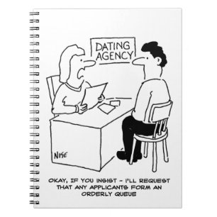 Grappige cartoon van man bij een datingbureau notitieboek