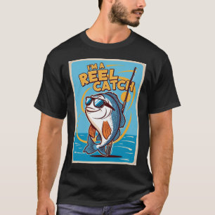 Grappige cartoon vis met zonnebril en hengel t-shirt