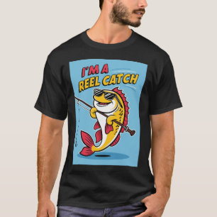 Grappige cartoon vis met zonnebril en hengel t-shirt