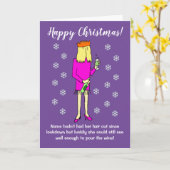 Grappige Cartoon Vrouw Drink Wijnkerst Kaart (Gele Bloem)