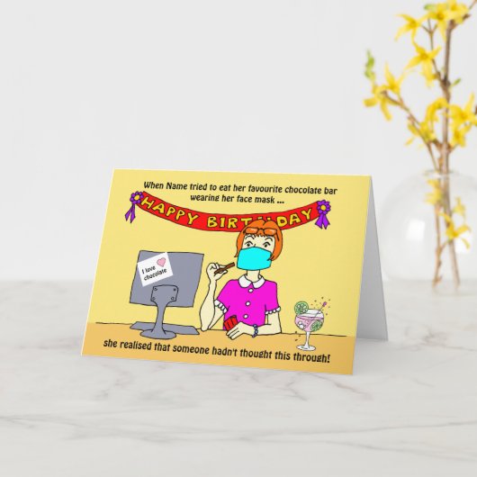 Grappige Cartoon Vrouw Gezichtsmasker Chocolade Kaart (Gele Bloem)