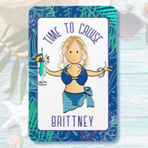 Grappige Cartoon Vrouw in Badpak Drink Cruise Door