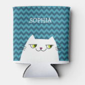 Grappige Cartoon Witte Kat Gezicht Doodle, Blauwe Blikjeskoeler (Voorkant)