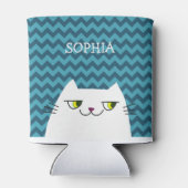 Grappige Cartoon Witte Kat Gezicht Doodle, Blauwe Blikjeskoeler (Achterkant)