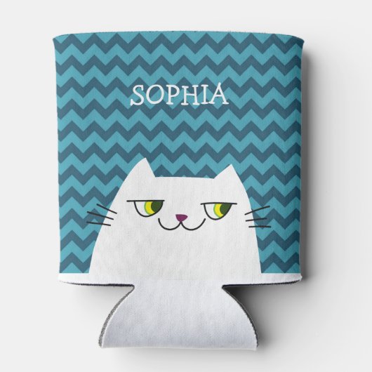 Grappige Cartoon Witte Kat Gezicht Doodle, Blauwe  Blikjeskoeler (Achterkant)