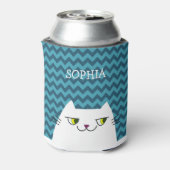 Grappige Cartoon Witte Kat Gezicht Doodle, Blauwe Blikjeskoeler (Blikje Achterkant)