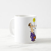 Grappige Cartoon zakenman bij bushalte Koffiemok (Voorkant links)