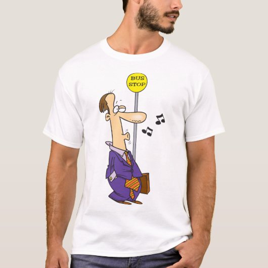 Grappige Cartoon zakenman bij bushalte T-shirt (Voorkant)
