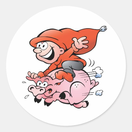 Grappige Cartoonkabouter die op een Vliegende Vark Ronde Sticker (Voorkant)