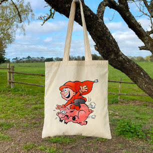 Grappige Cartoonkabouter die op een Vliegende Vark Tote Bag