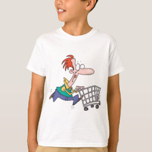 Grappige Cartoonman die Rent met Boodschappenkar T-shirt