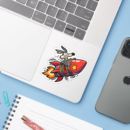 Grappige Cartoonwolf op Raket Sticker - Retro Acme