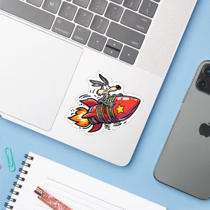 Grappige Cartoonwolf op Raket Sticker - Retro Acme