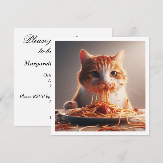 Grappige Cat Dinner uitnodiging, Kat Verjaardag Kaart (Voorkant / Achterkant)