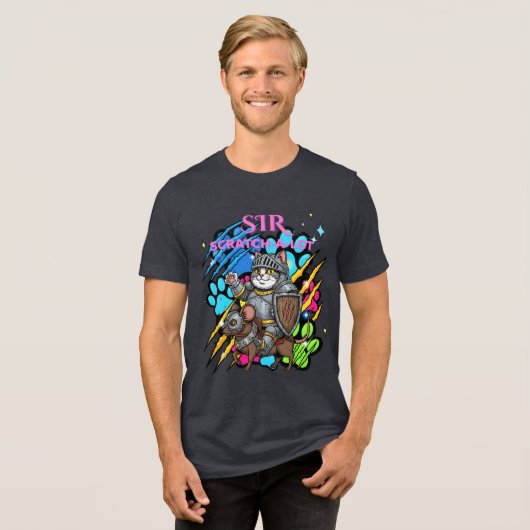 Grappige Cat Knight "Sir Scratch a Lot" Kattenlief Tri-Blend Shirt (Voorkant volledig)
