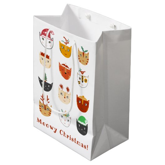 Grappige Cat Meowy Kerst Feestdagen Medium Cadeauzakje (Voorkant Gekanteld)