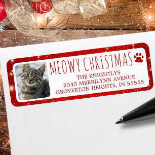 Grappige Cat MEOWY KERSTMIS Foto Rode Pawprint Etiket