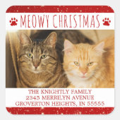 Grappige Cat MEOWY KERSTMIS Foto Rood Retouradres Vierkante Sticker (Voorkant)