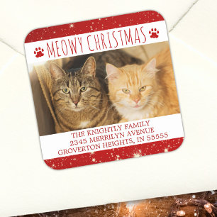 Grappige Cat MEOWY KERSTMIS Foto Rood Retouradres Vierkante Sticker