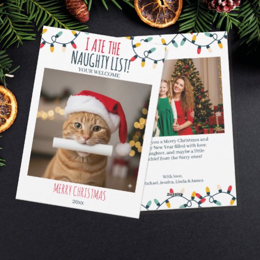 Grappige Cat Naughty List aangepaste kerstfoto Feestdagenkaart