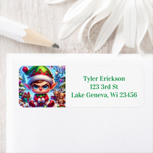 Grappige chagrijnige elf kerst etiket (Insitu)