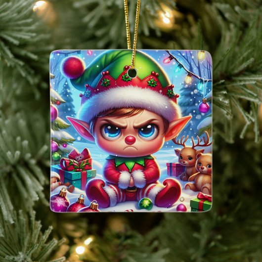 Grappige chagrijnige elf kerst keramisch ornament (Boom)
