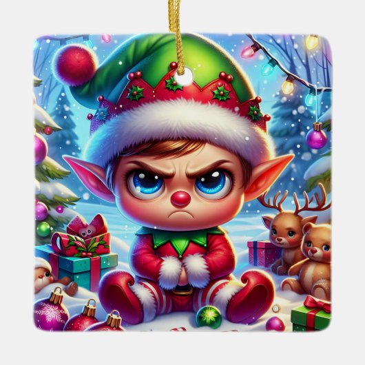 Grappige chagrijnige elf kerst keramisch ornament (Voorkant)