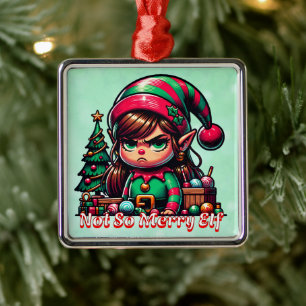 Grappige chagrijnige elf kerst metalen ornament