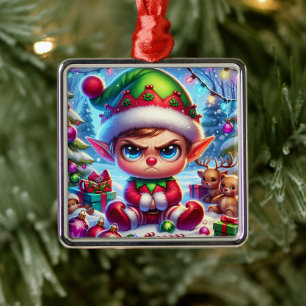 Grappige chagrijnige elf kerst metalen ornament