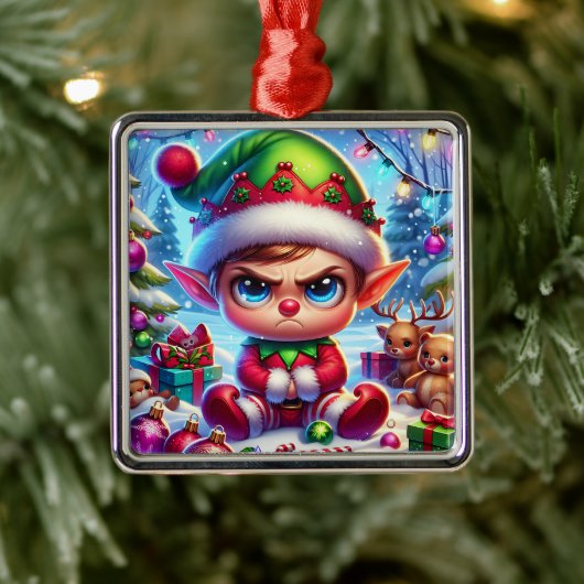 Grappige chagrijnige elf kerst metalen ornament (Boom)