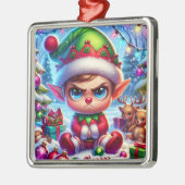 Grappige chagrijnige elf kerst metalen ornament (Links)