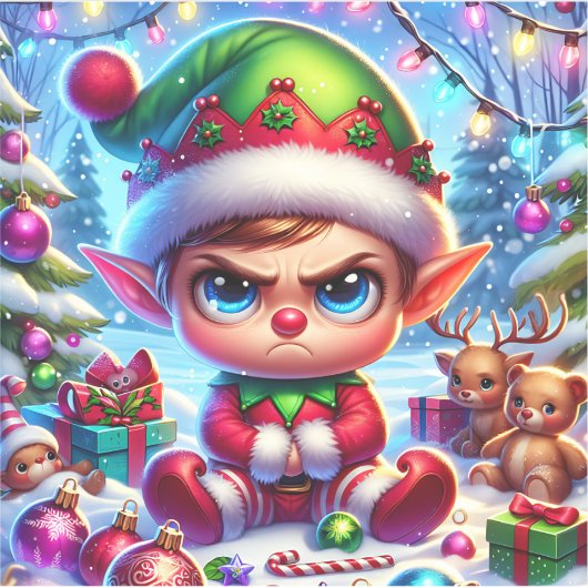 Grappige chagrijnige elf kerst sticker (Voorkant)