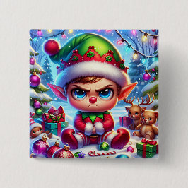 Grappige chagrijnige elf kerst vierkante button 5,1 cm