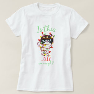 Grappige chagrijnige kat verward kerstverlichting t-shirt